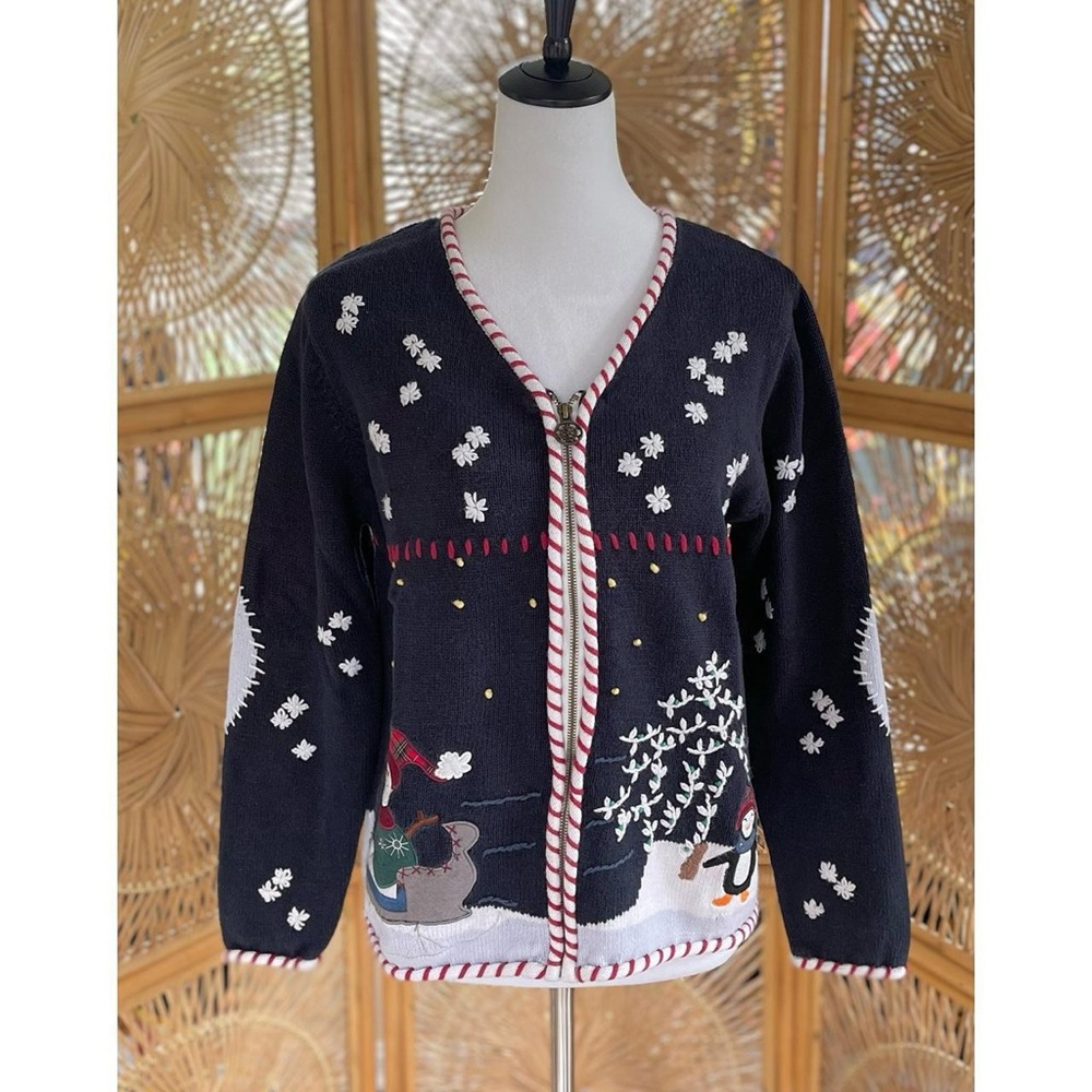 Dress Barn Navy Blue Knit Christmas Holiday Snowman Penguin Embroidered Cardigan - Picture 2 of 7